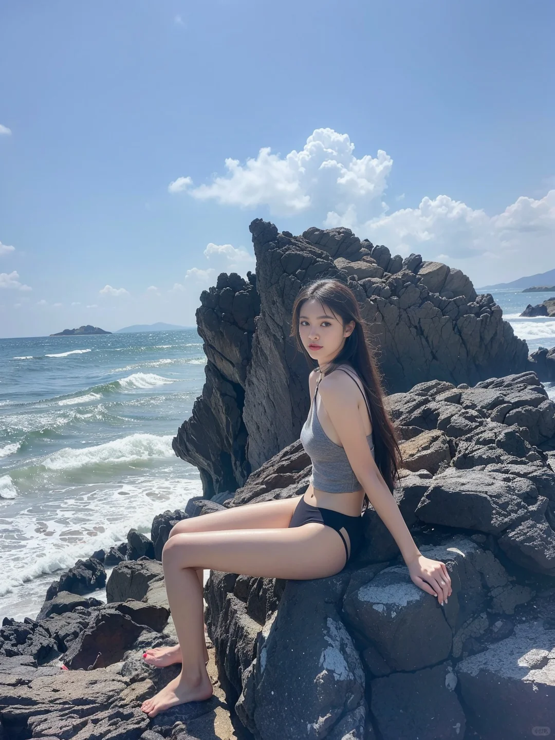 夏日AI绘，礁上丽影🌞