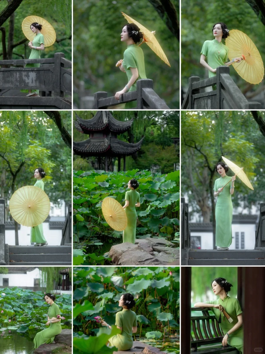 园林旗袍| 一袭绿旗袍穿出江南女子的优雅