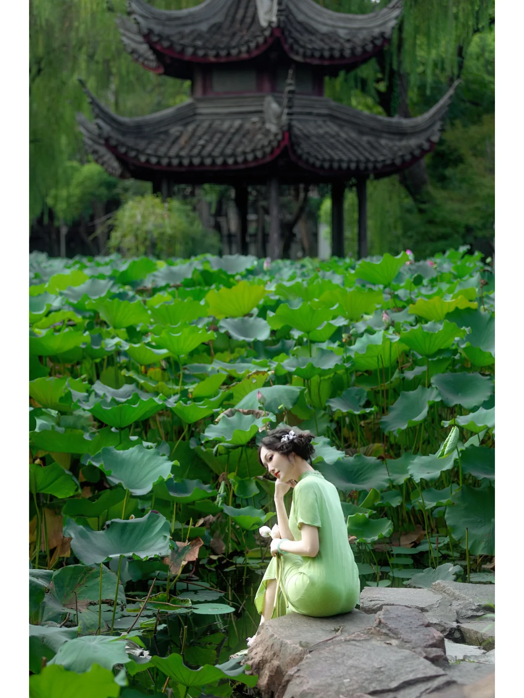 园林旗袍| 一袭绿旗袍穿出江南女子的优雅