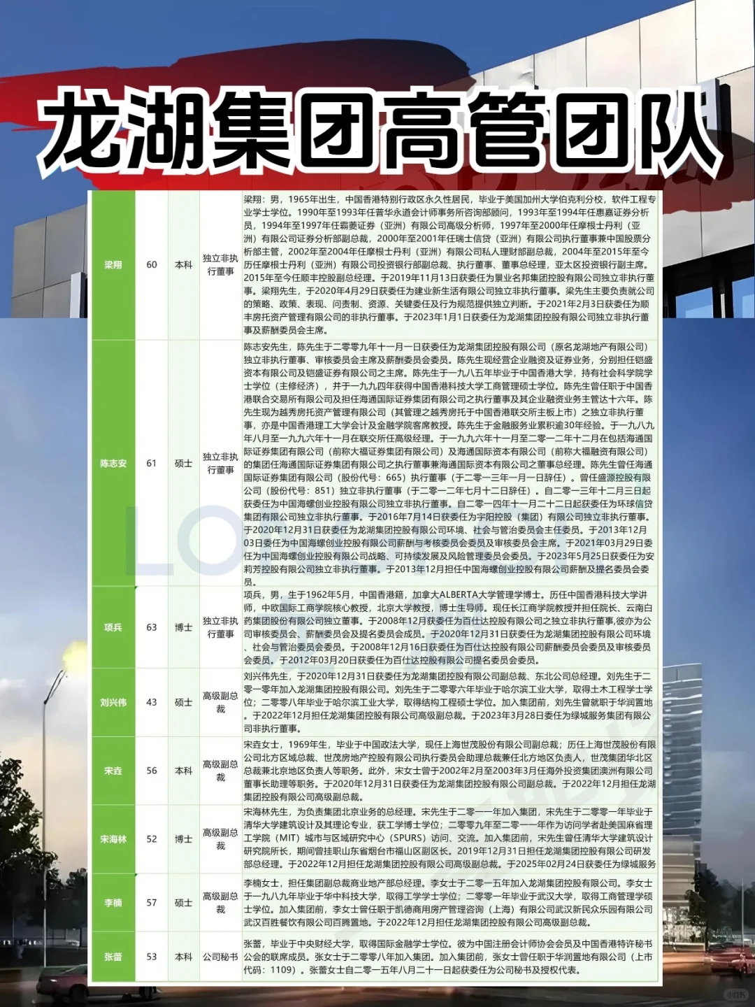龙湖集团高管团队