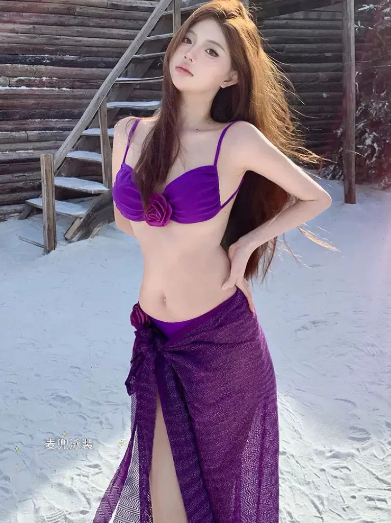 紫色花朵长裙度假泳衣🩱纯欲显瘦法式比基尼