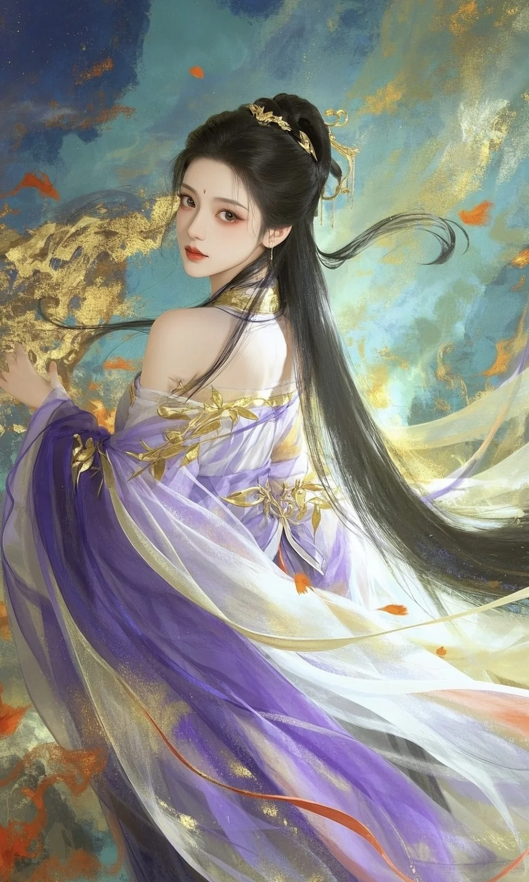 紫裳金缕逐风轻，长发垂波映日明