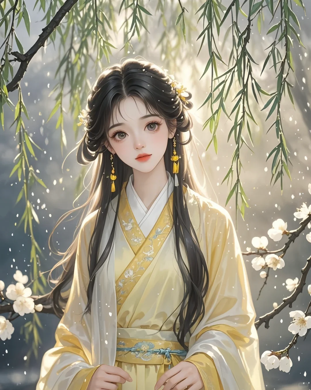 雪柳间的古风佳人，一眼千年的惊鸿