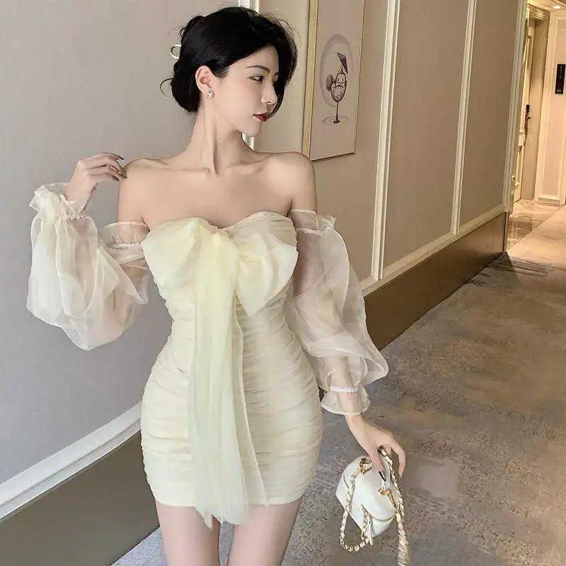 🎀【女神范气质】网纱抽褶一字领露肩裙