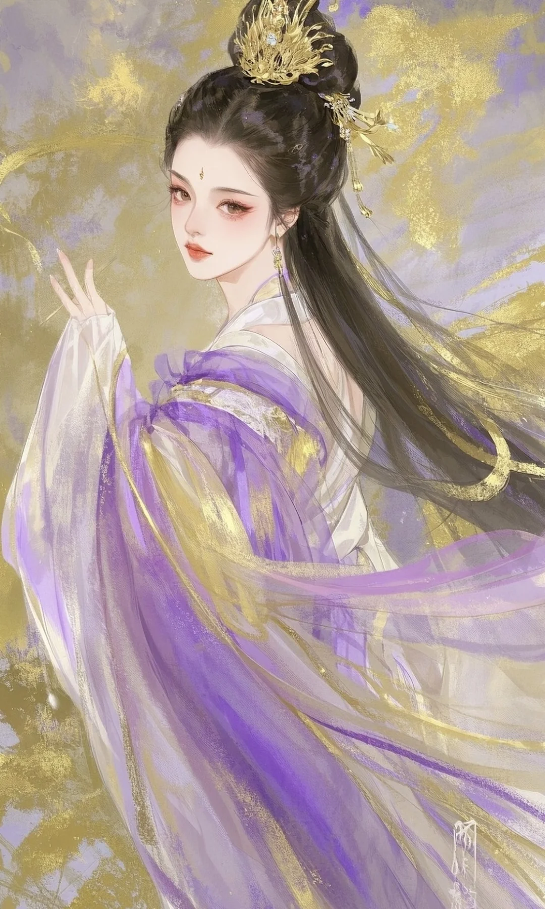 紫裳金缕逐风轻，长发垂波映日明