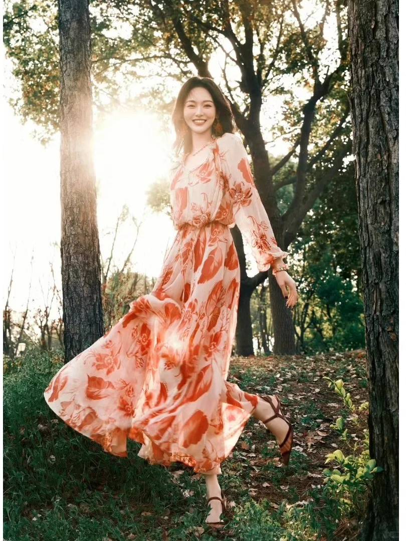 唐嫣同款高级感女神范碎花长裙度假风连衣裙