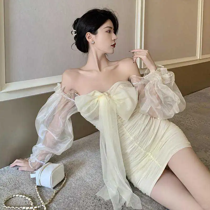 🎀【女神范气质】网纱抽褶一字领露肩裙