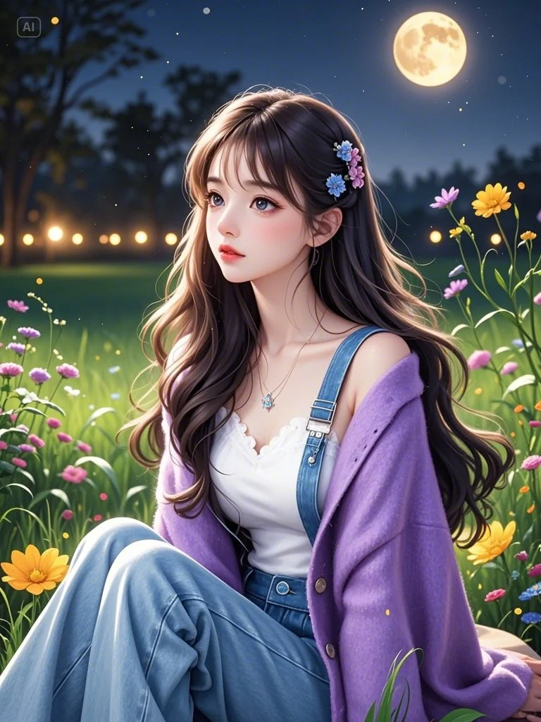 治愈系插画│清澈的夜，治愈的少女✨