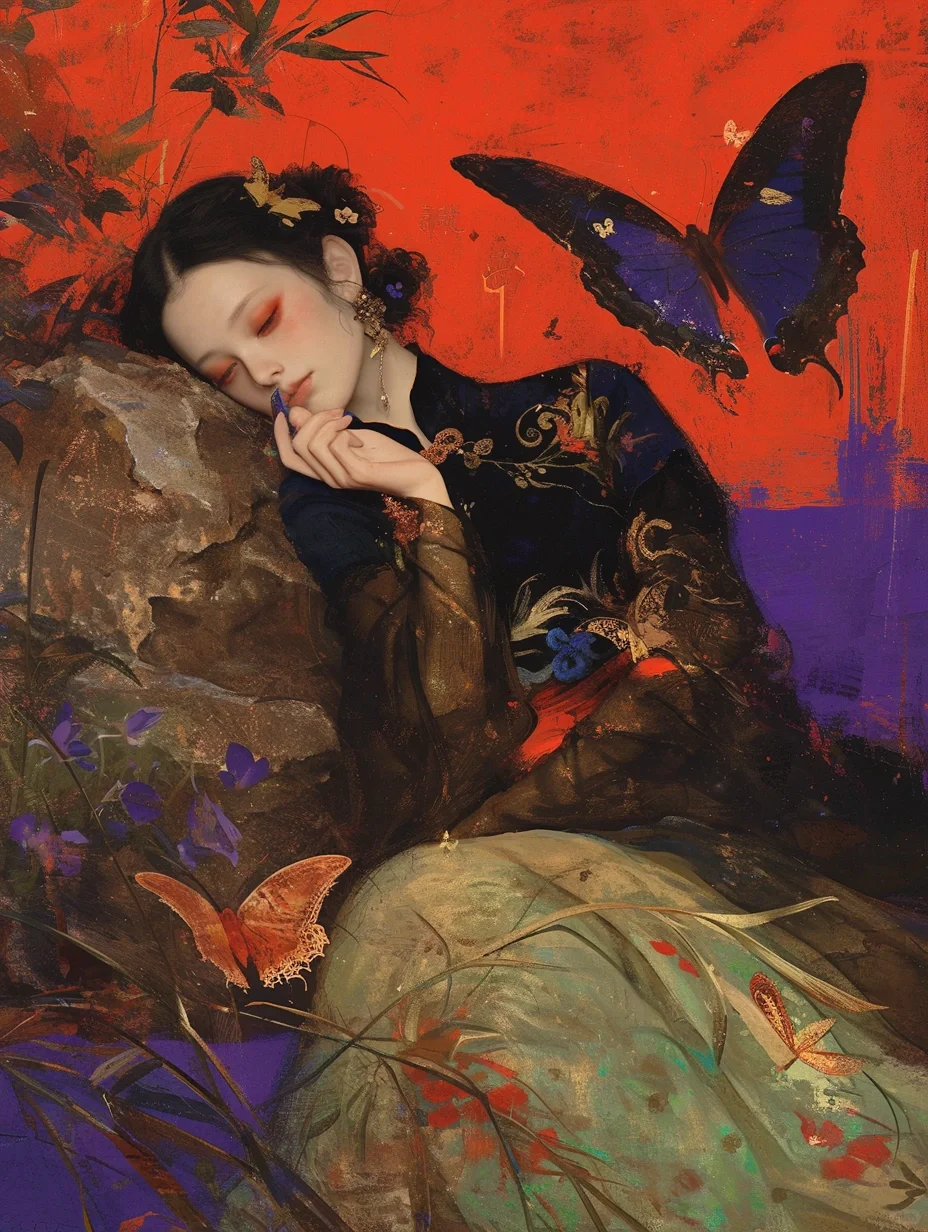 庄生晓梦|蝴蝶女妖国潮插画