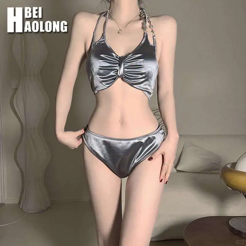 贝浩龙缎面性感比基尼泳衣女2024新款海