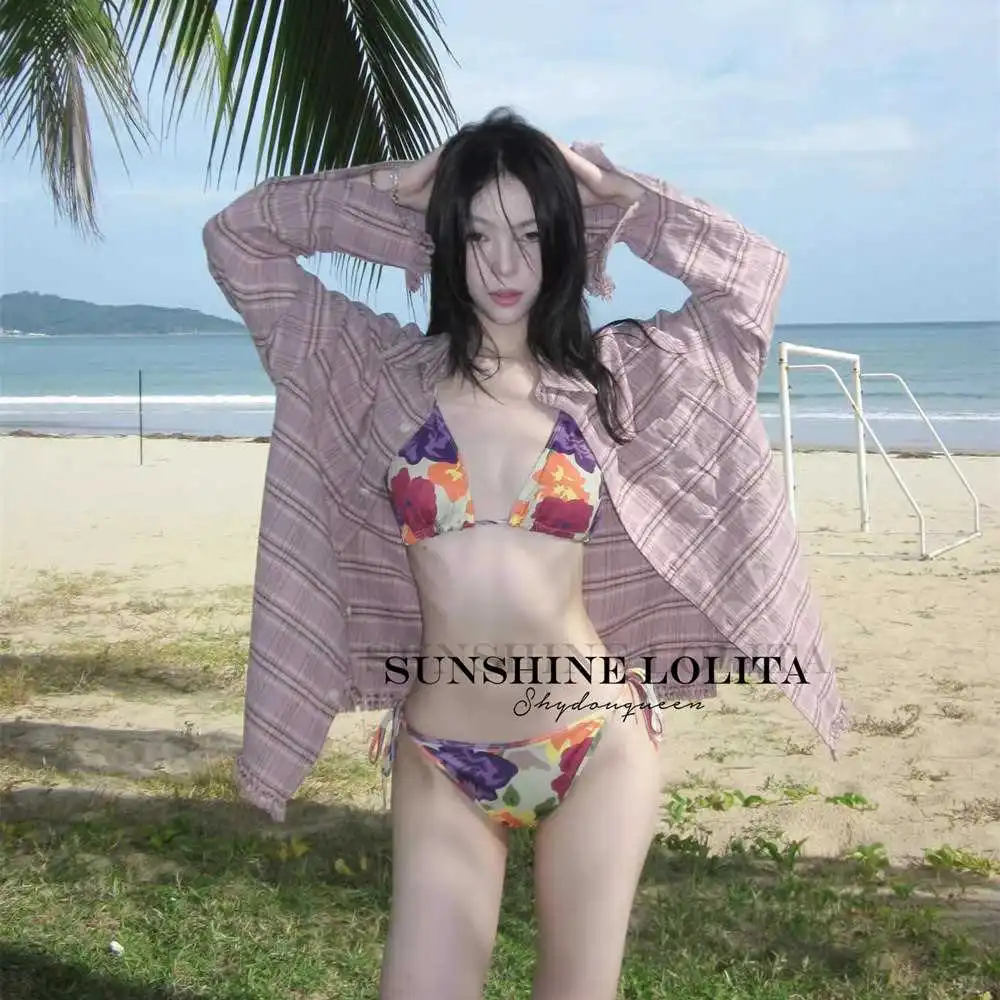辣妹必备！三点式绑带比基尼两件套👙
