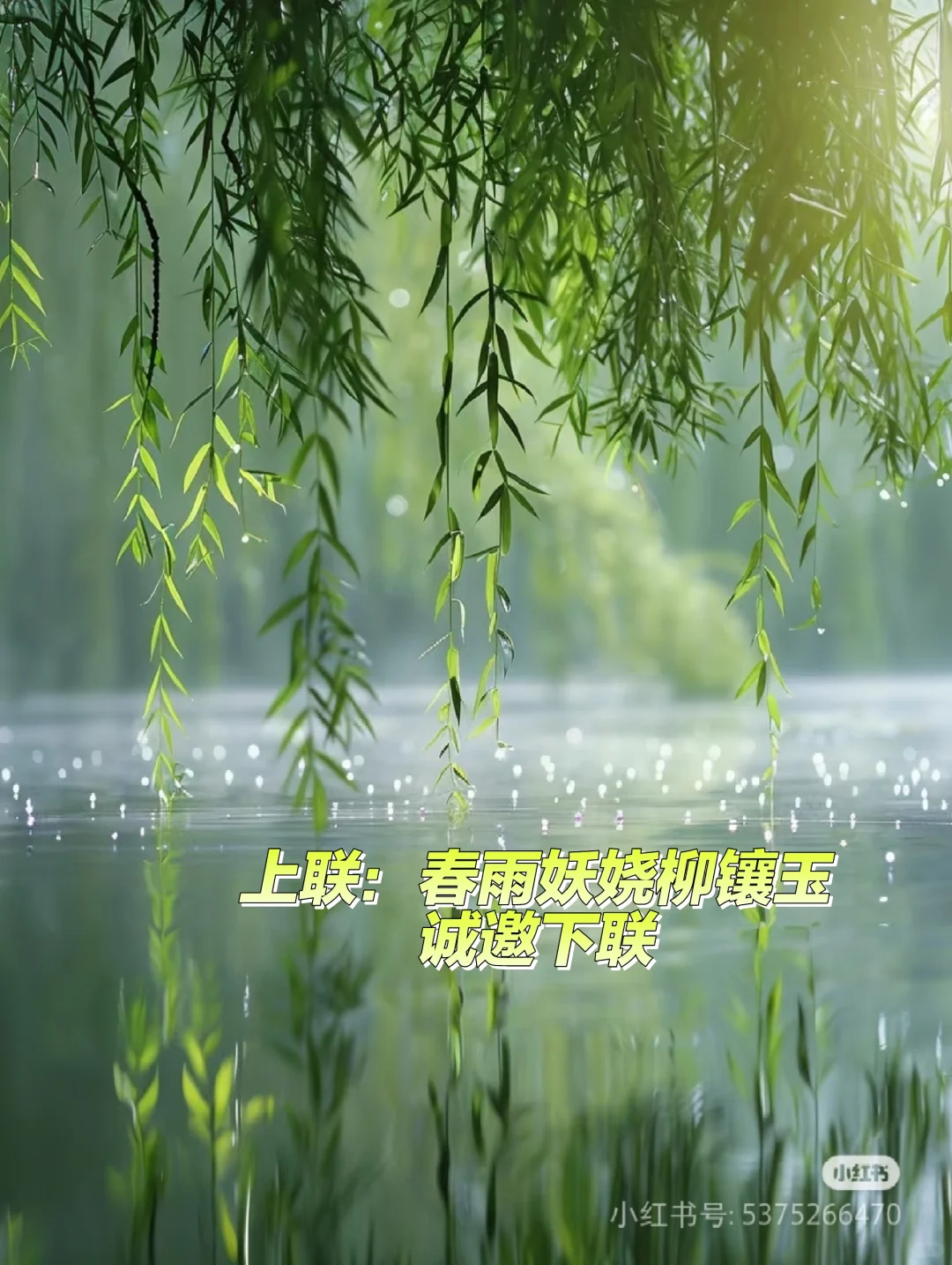 上联：春雨妖娆柳镶玉