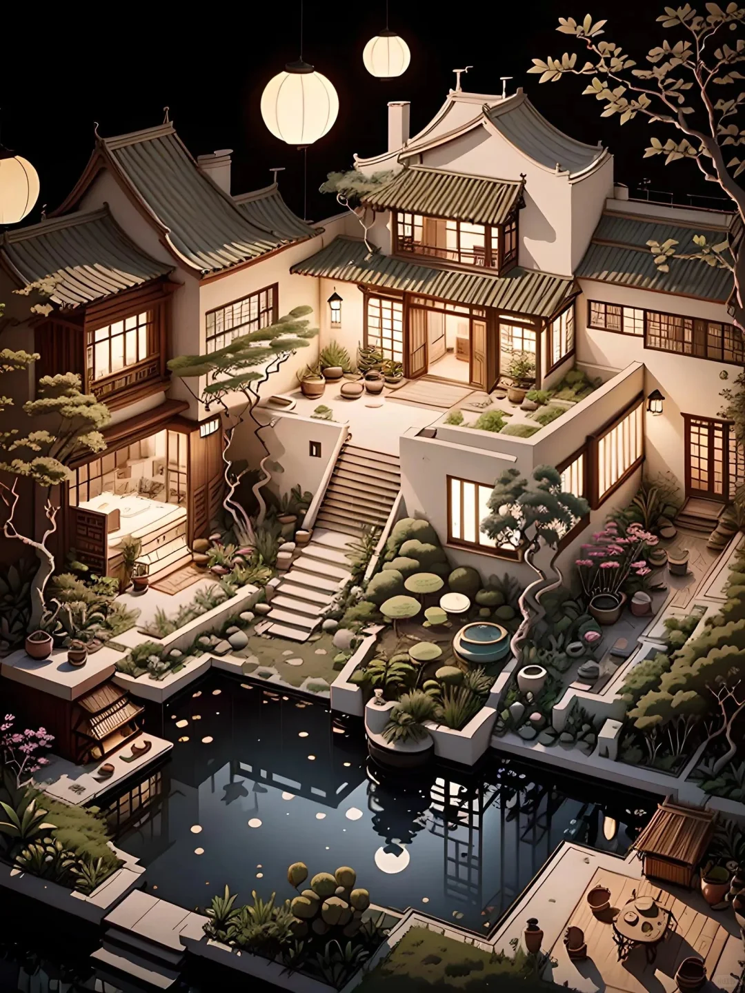 夜幕下的新中式别墅即浪漫又温馨！