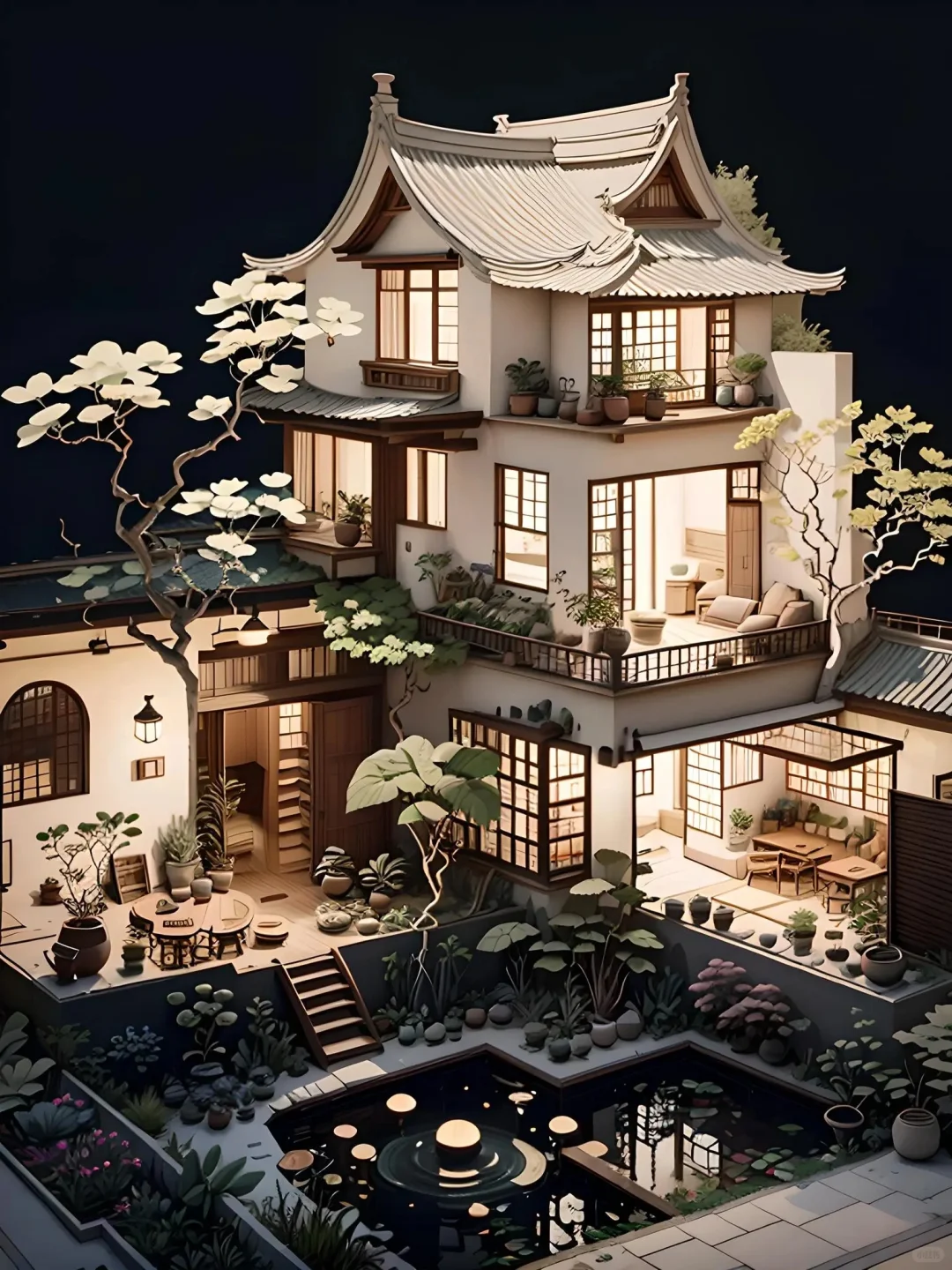 夜幕下的新中式别墅即浪漫又温馨！