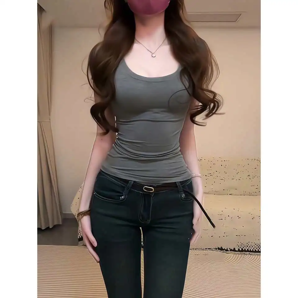 性感纯欲辣妹u领短袖T恤女士夏季新款紧身