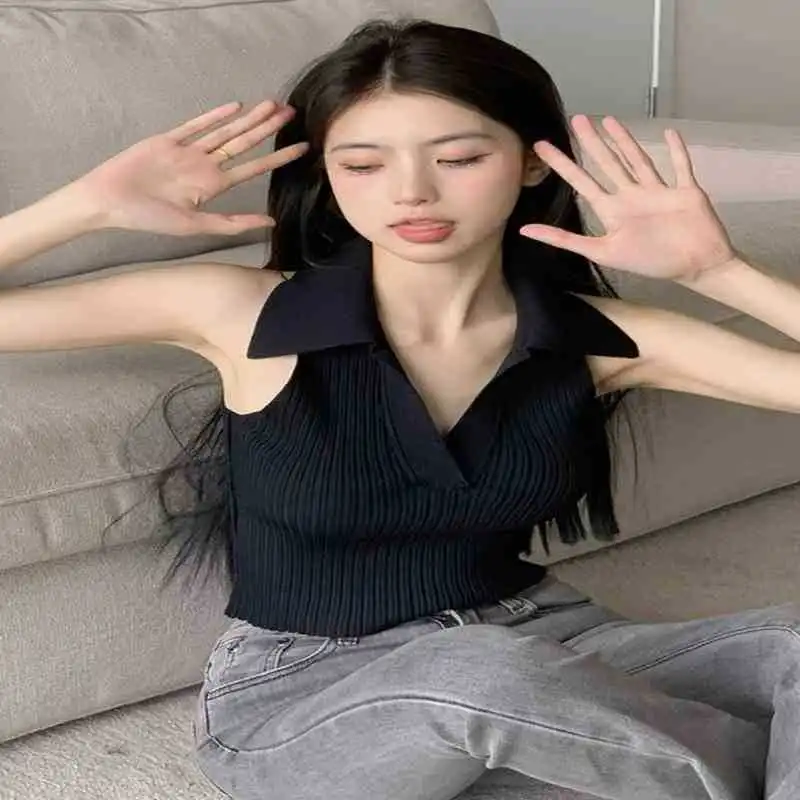 辣妹必备挂脖polo领吊带背心