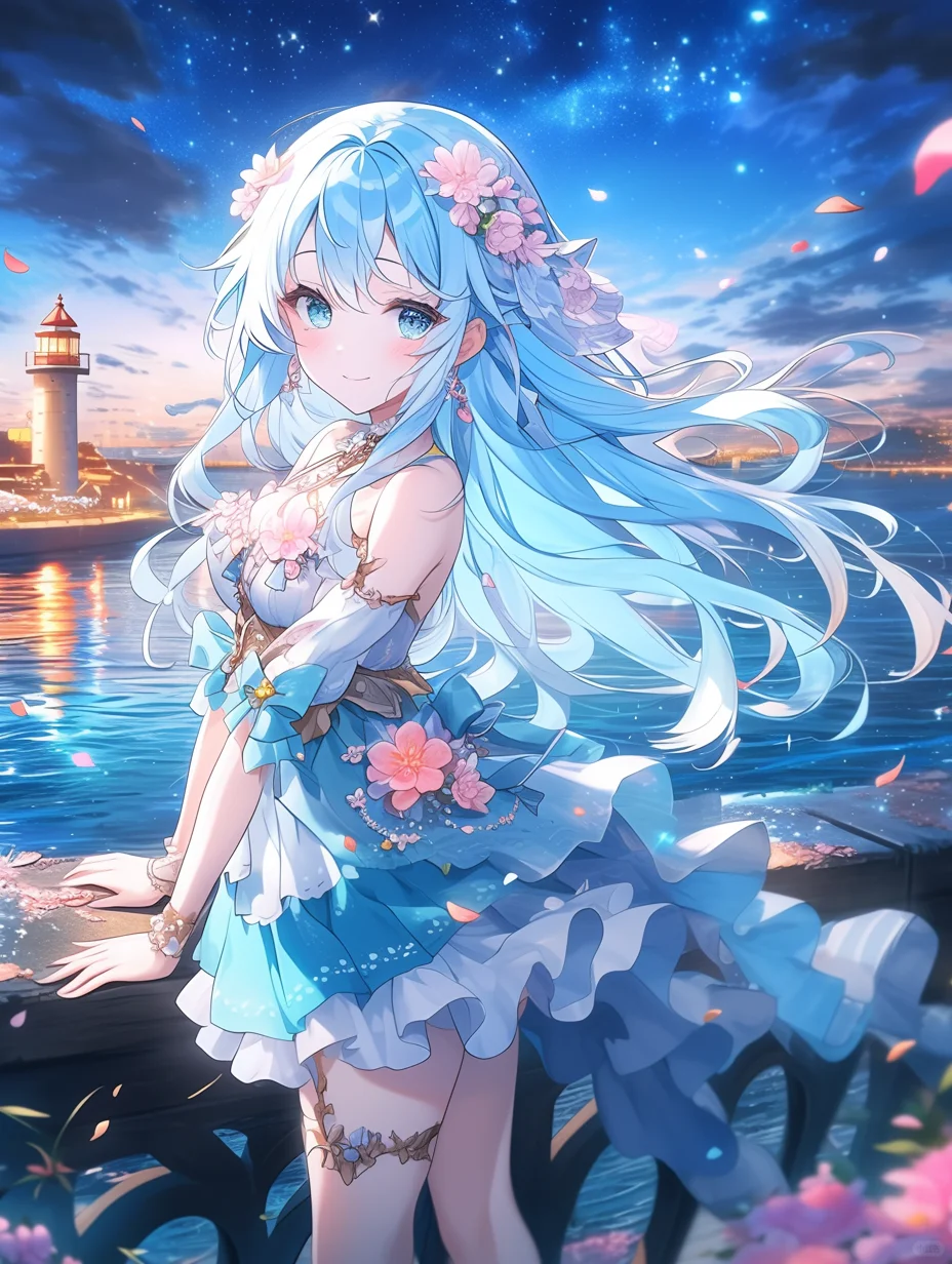 星夜花梦 🌊🌟 | 夜晚海滩美少女