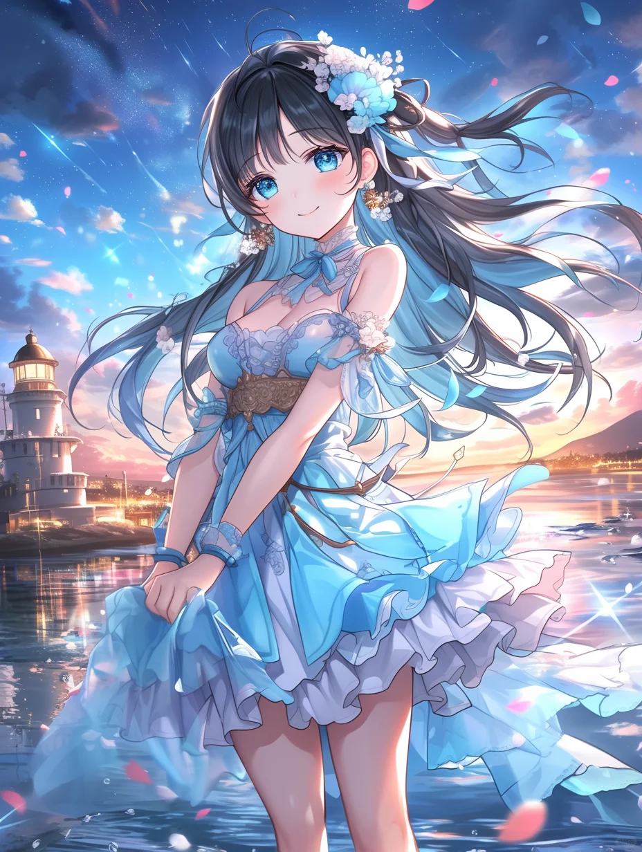 星夜花梦 🌊🌟 | 夜晚海滩美少女