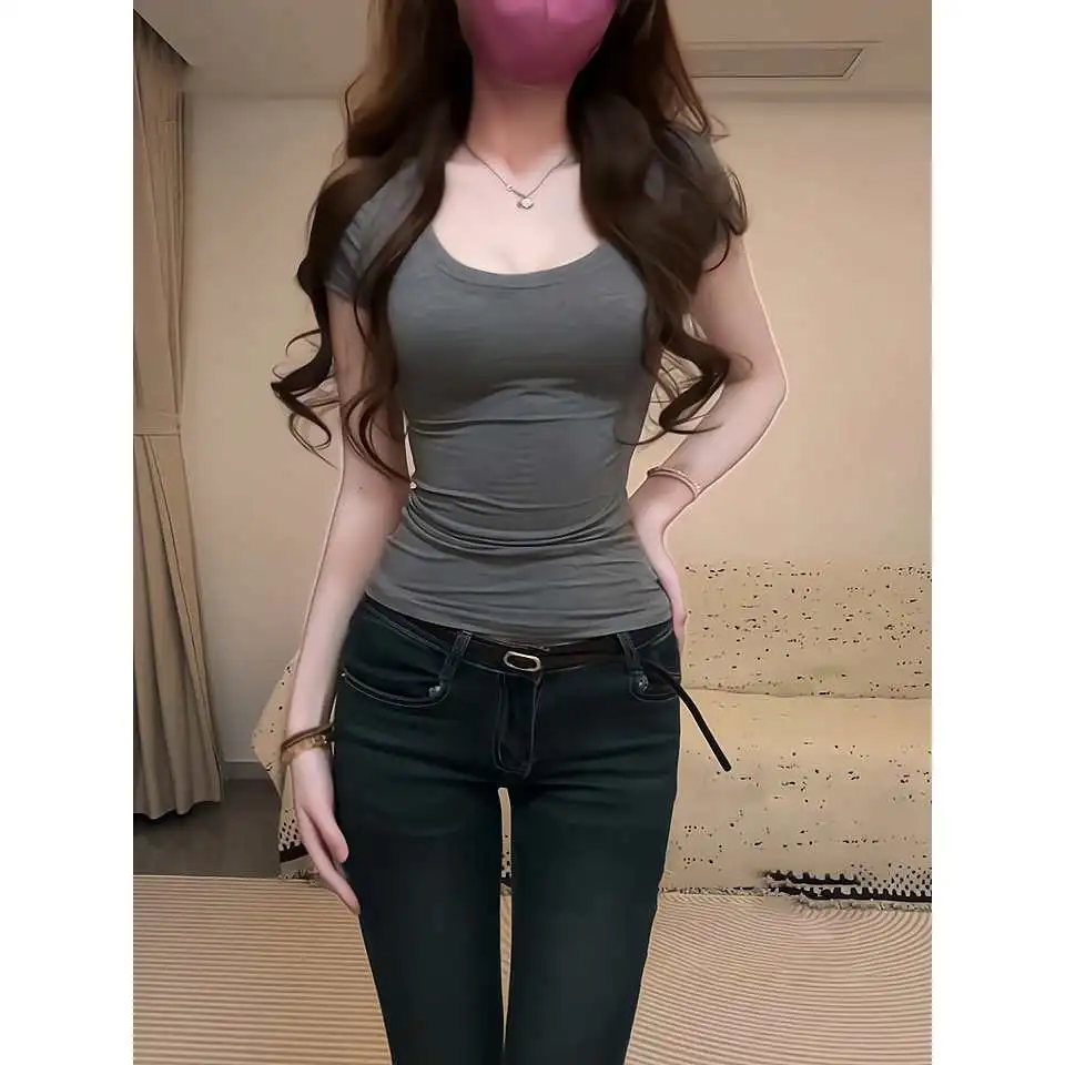 性感纯欲辣妹u领短袖T恤女士夏季新款紧身
