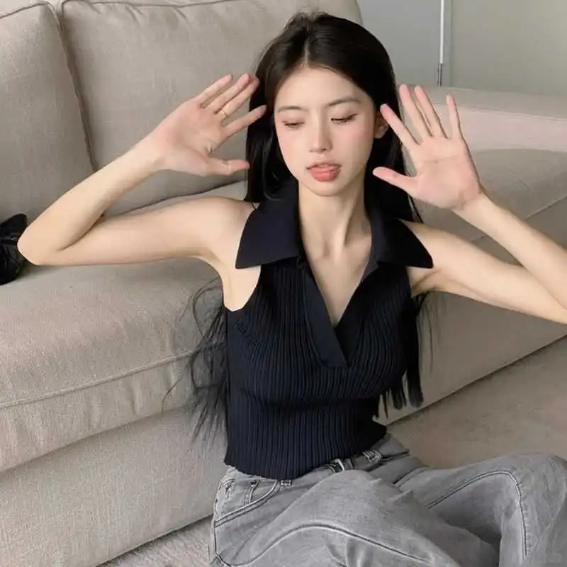 辣妹必备挂脖polo领吊带背心