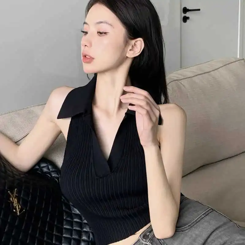 辣妹必备挂脖polo领吊带背心