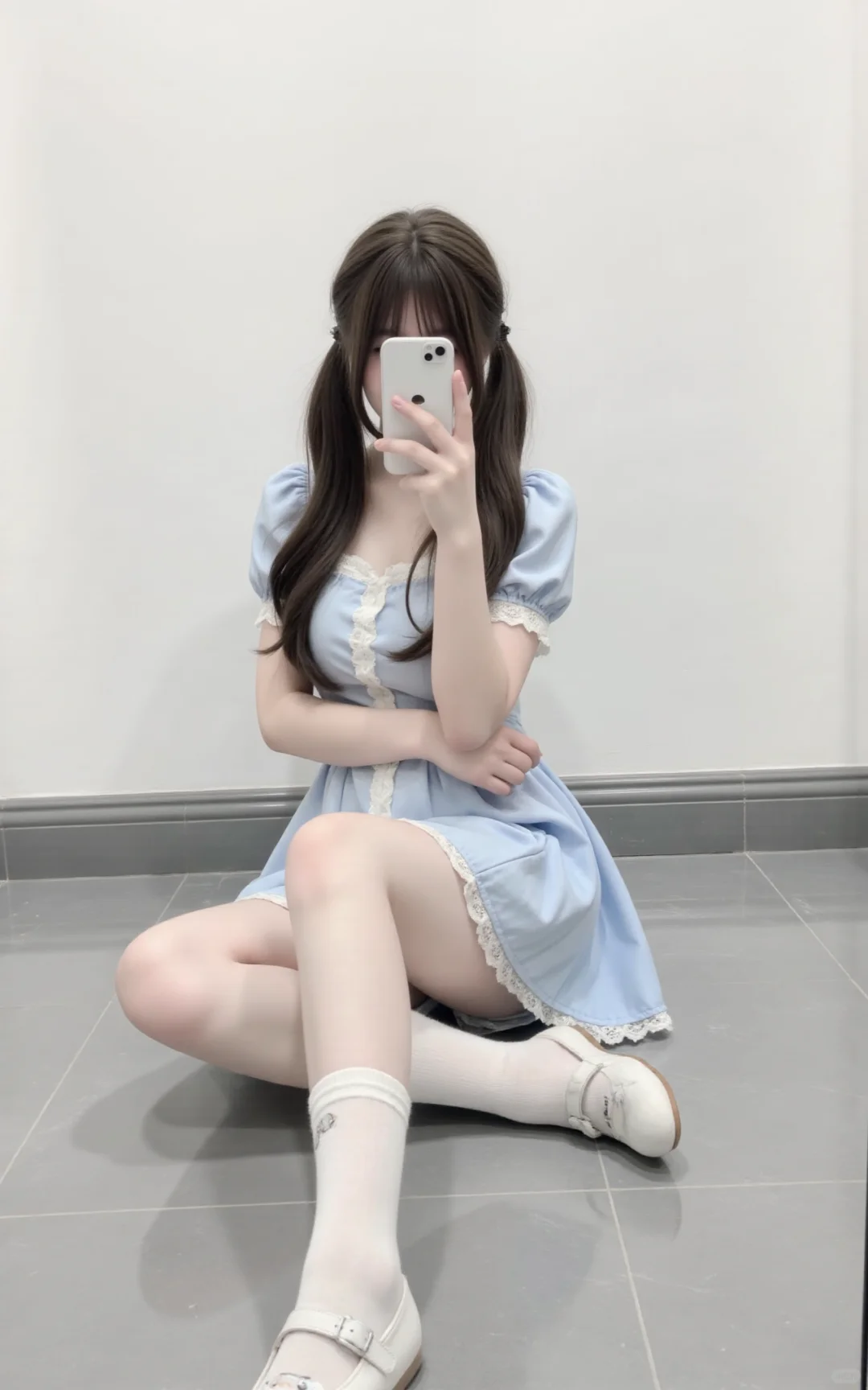哇哦，我穿蓝裙子好甜！