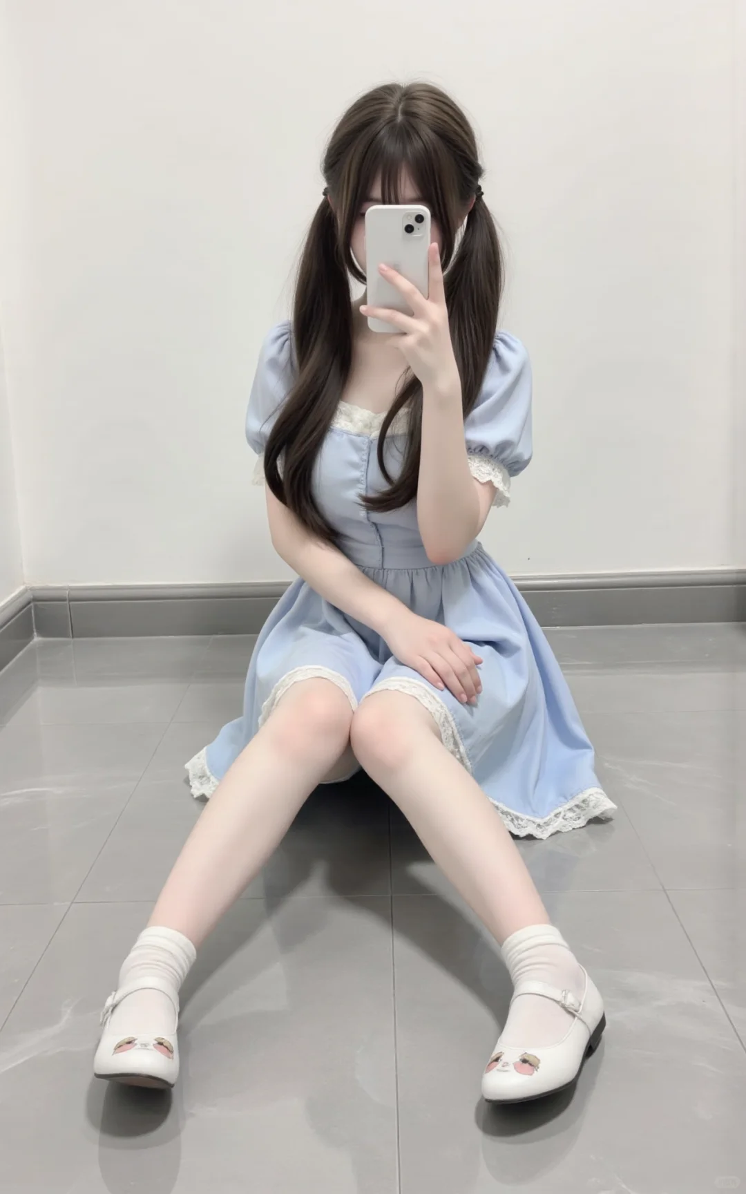 哇哦，我穿蓝裙子好甜！
