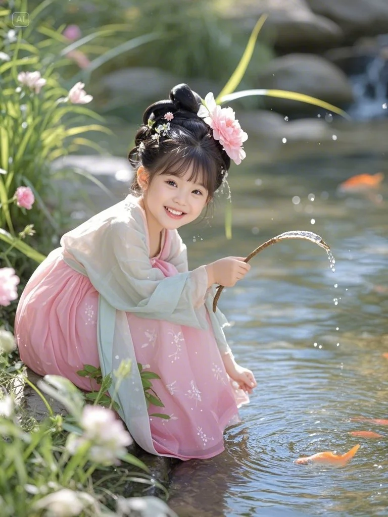 开心玩水的小女孩【AI生成，勿混淆】