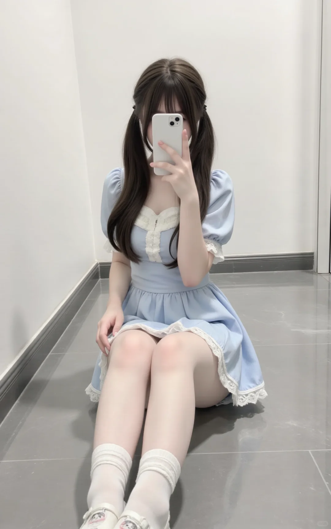 哇哦，我穿蓝裙子好甜！