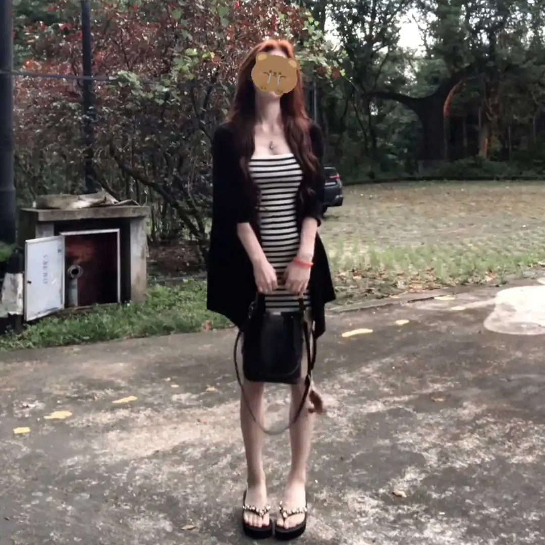 辣妹御姐风条纹针织吊带洋装子女夏季202