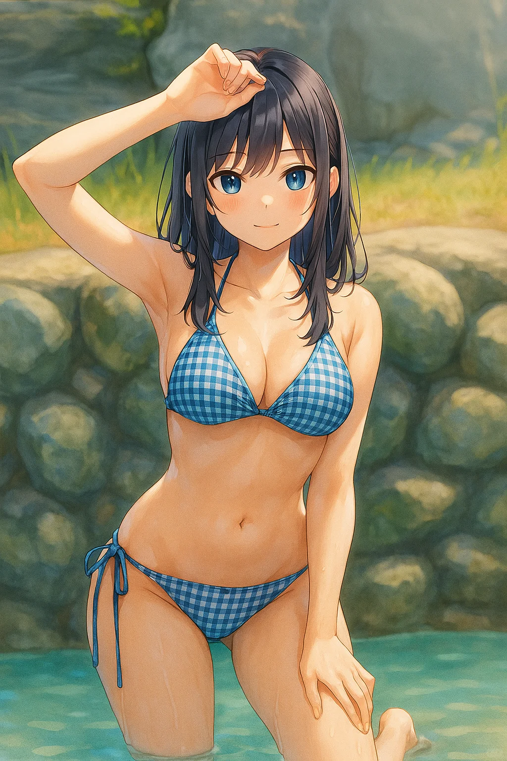 蓝格比基尼少女，夏日海边亮风采