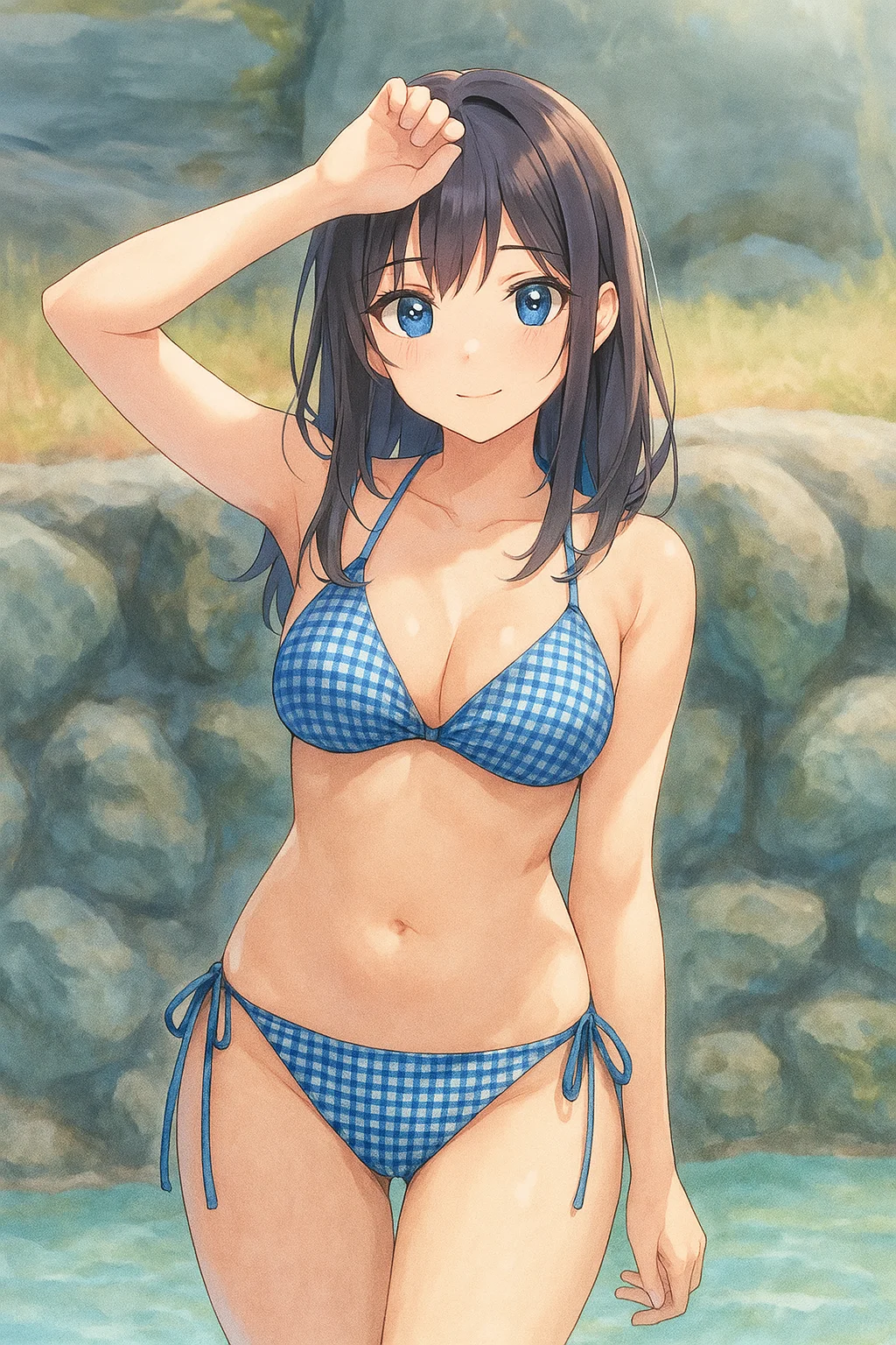 蓝格比基尼少女，夏日海边亮风采
