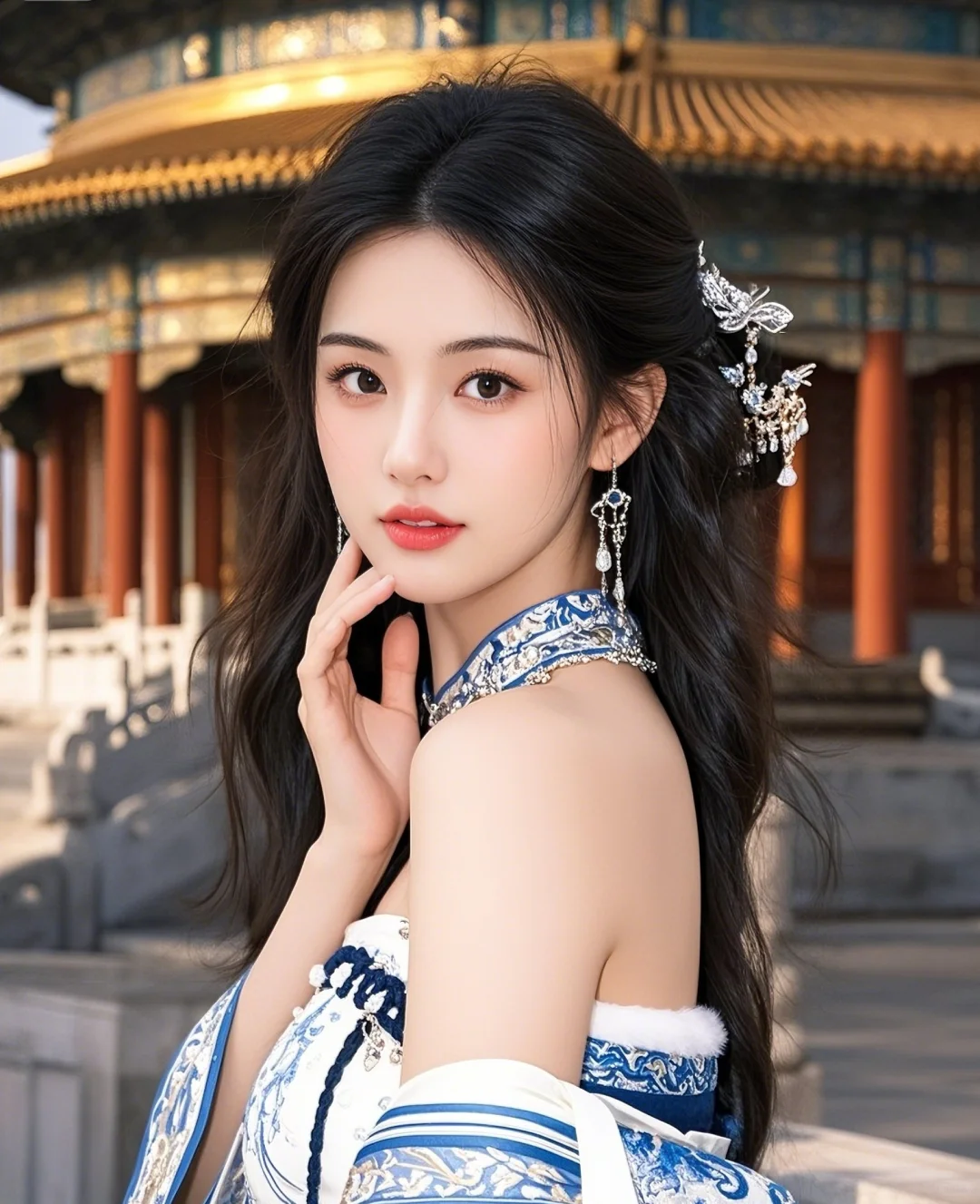 美人壁纸｜古风佳人，发丝轻舞，闪耀光泽。