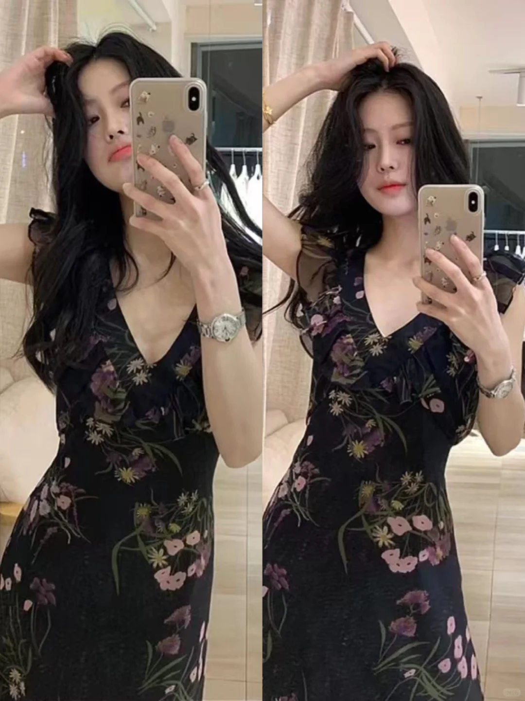 轻松驾驭妩媚风！🌺哥弟V领碎花裙太懂你的美