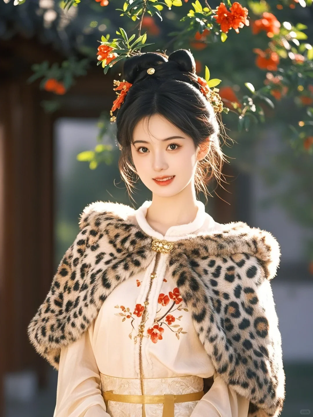 繁花映日：桃林深处白衣仙，石榴花开娆华年