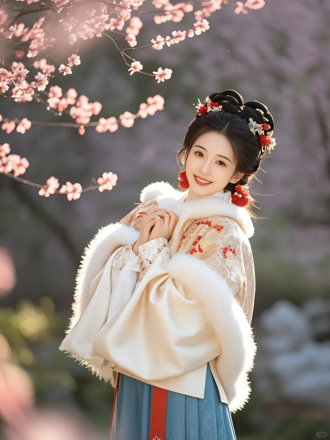 繁花映日：桃林深处白衣仙，石榴花开娆华年
