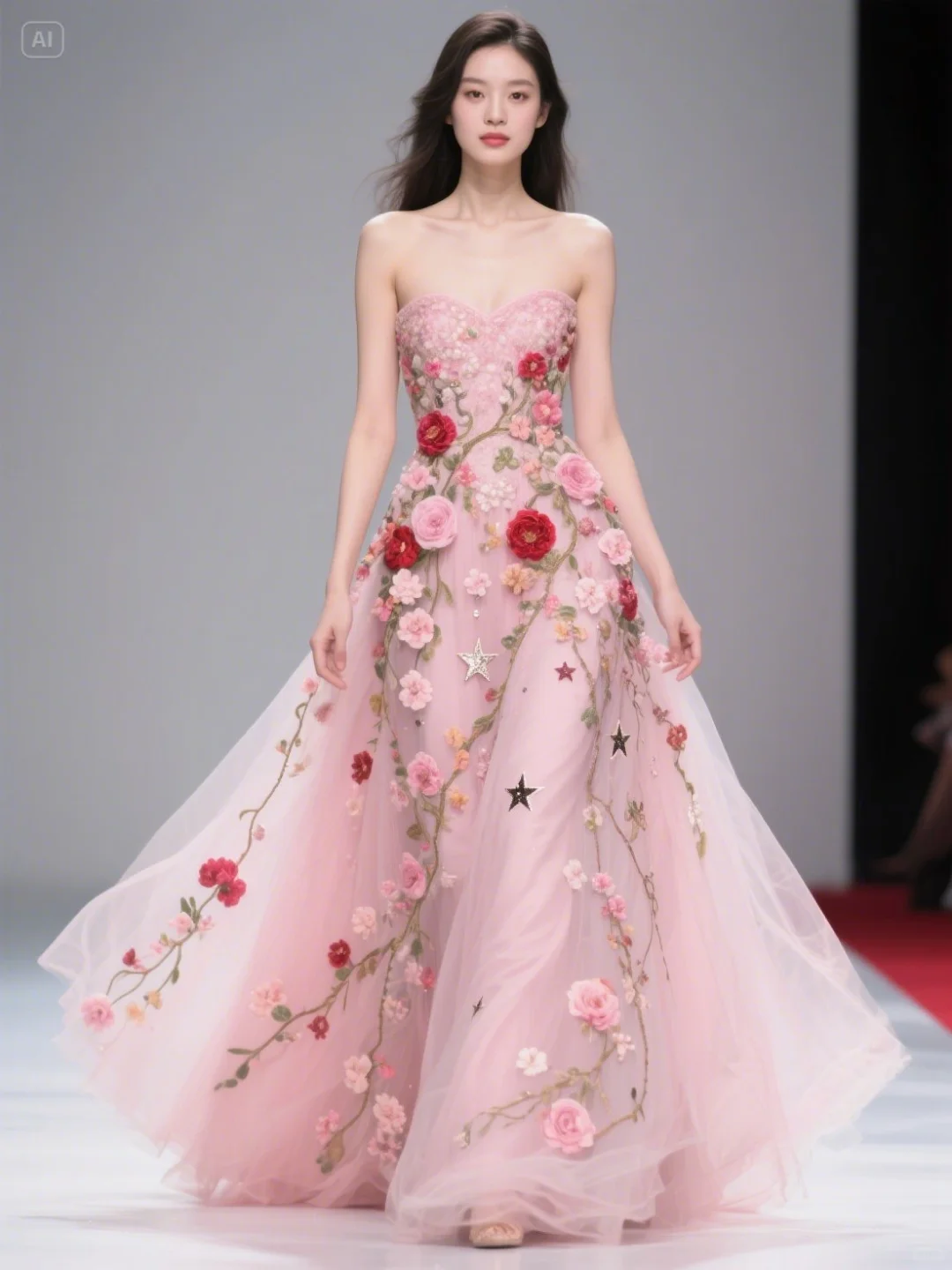 花朵、藤蔓、粉色礼服