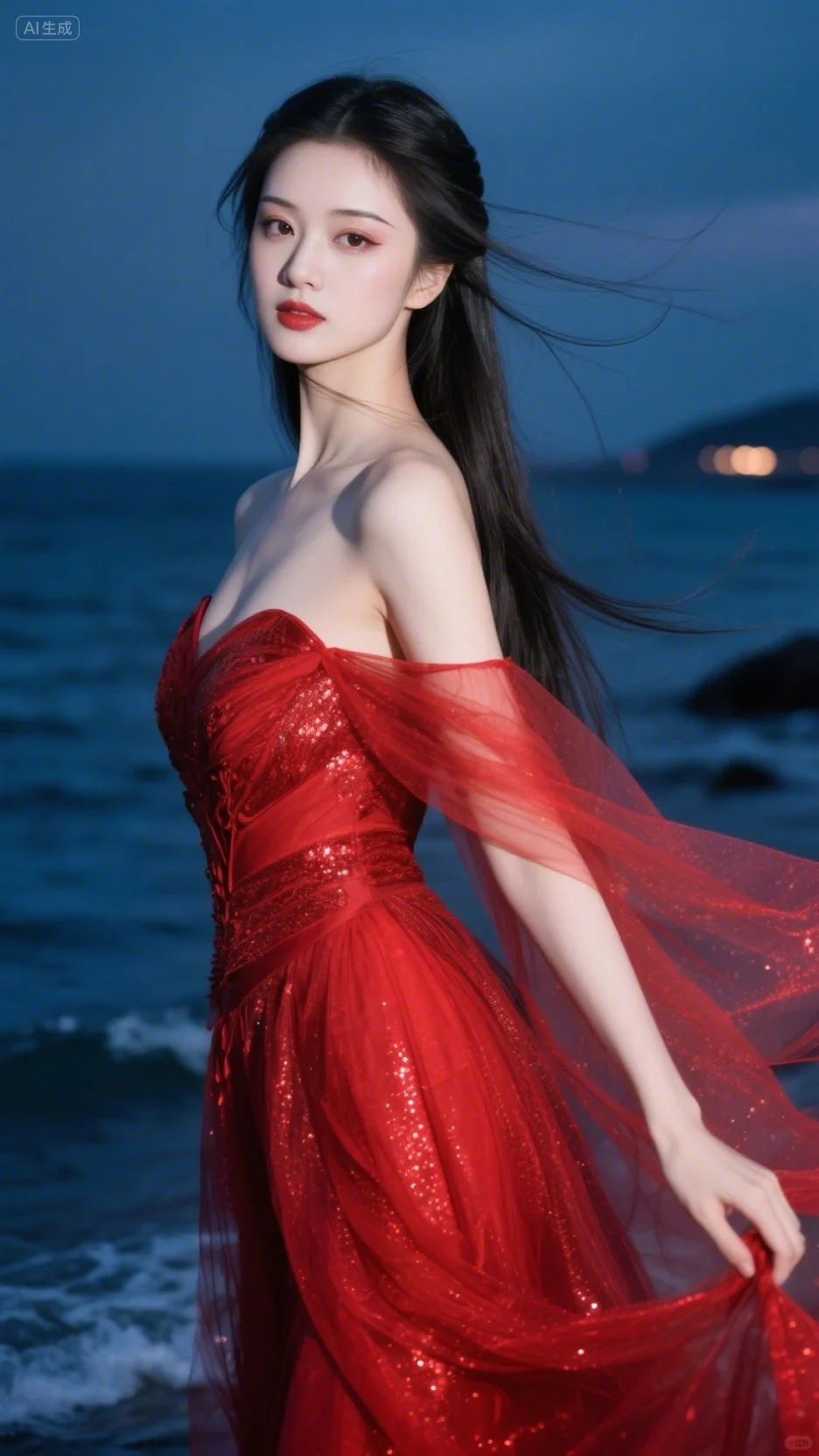 海边的红裙美人、氛围感拉满～