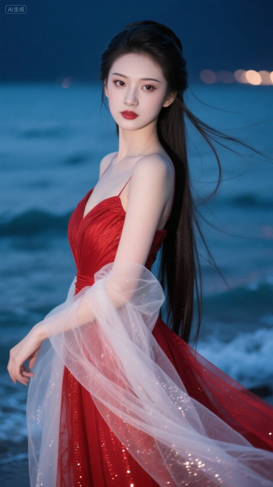 海边的红裙美人、氛围感拉满～