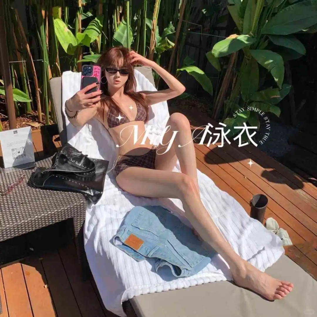高级复古辣妹咖格纹比基尼👙海边度假必备