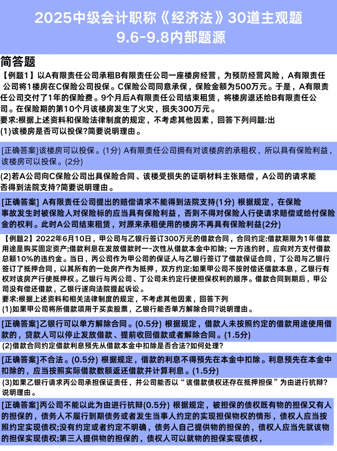 中级经济法，30道毕考主观题，考试会出