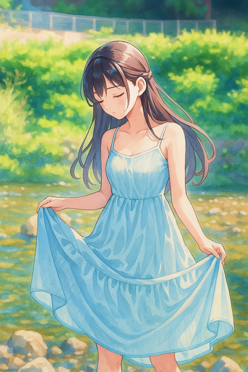 河边蓝裙少女，把夏日的柔都揉进风里