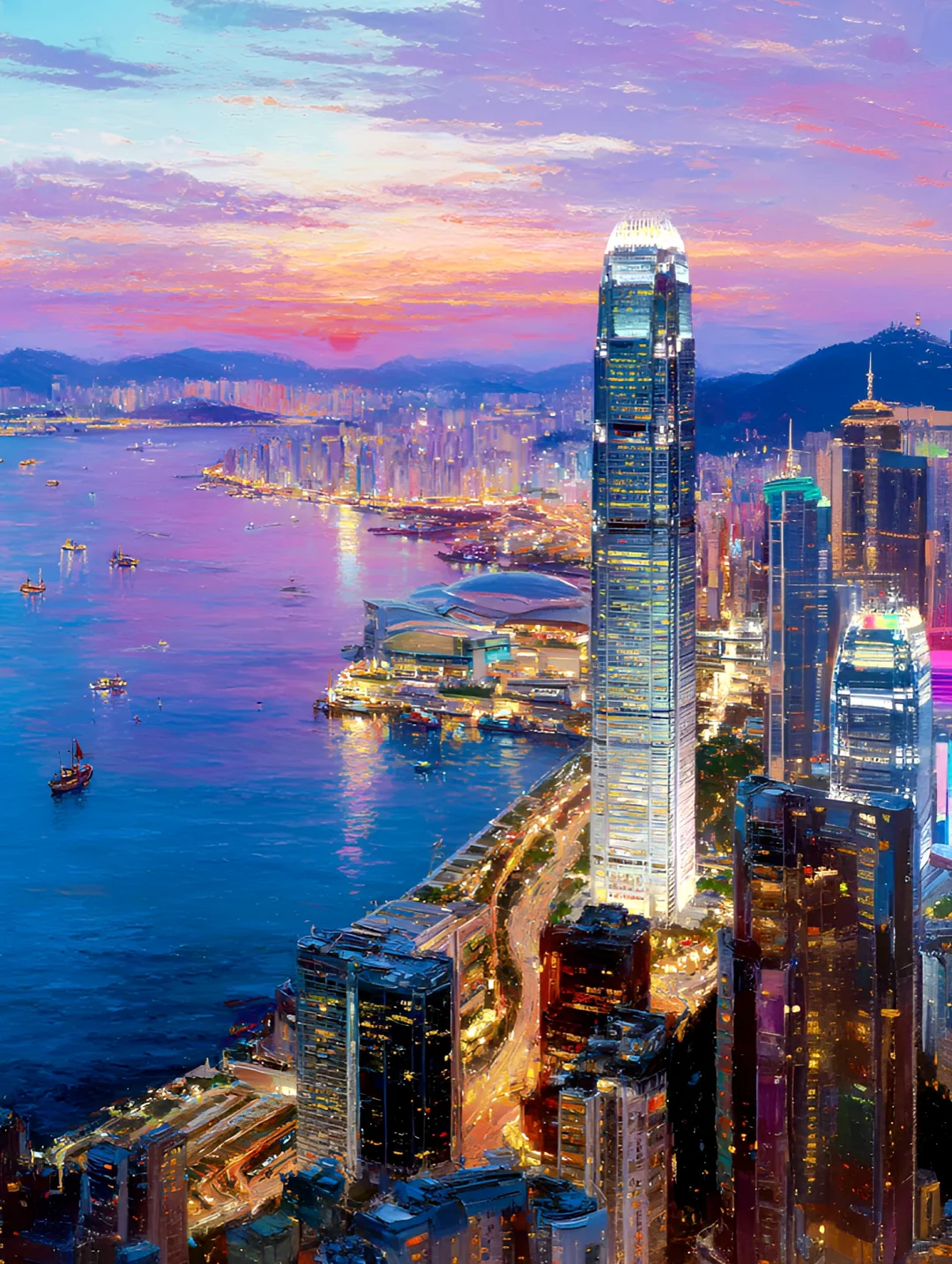 城市风景插画：香港 夜之国金｜MJ