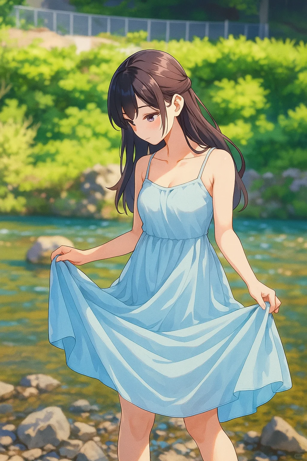 河边蓝裙少女，把夏日的柔都揉进风里
