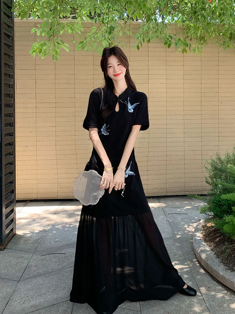 🌊国风新中式｜刺绣黑旗袍裙子美出圈
