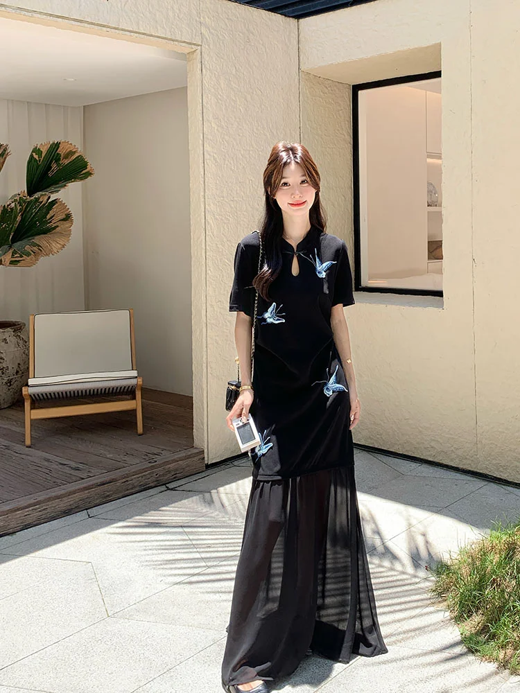 🌊国风新中式｜刺绣黑旗袍裙子美出圈