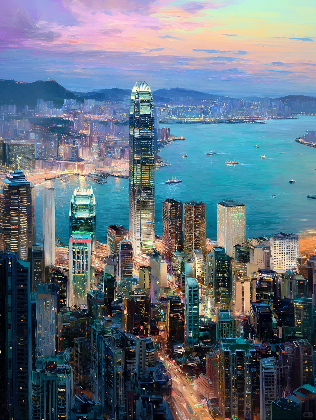 城市风景插画：香港 夜之国金｜MJ