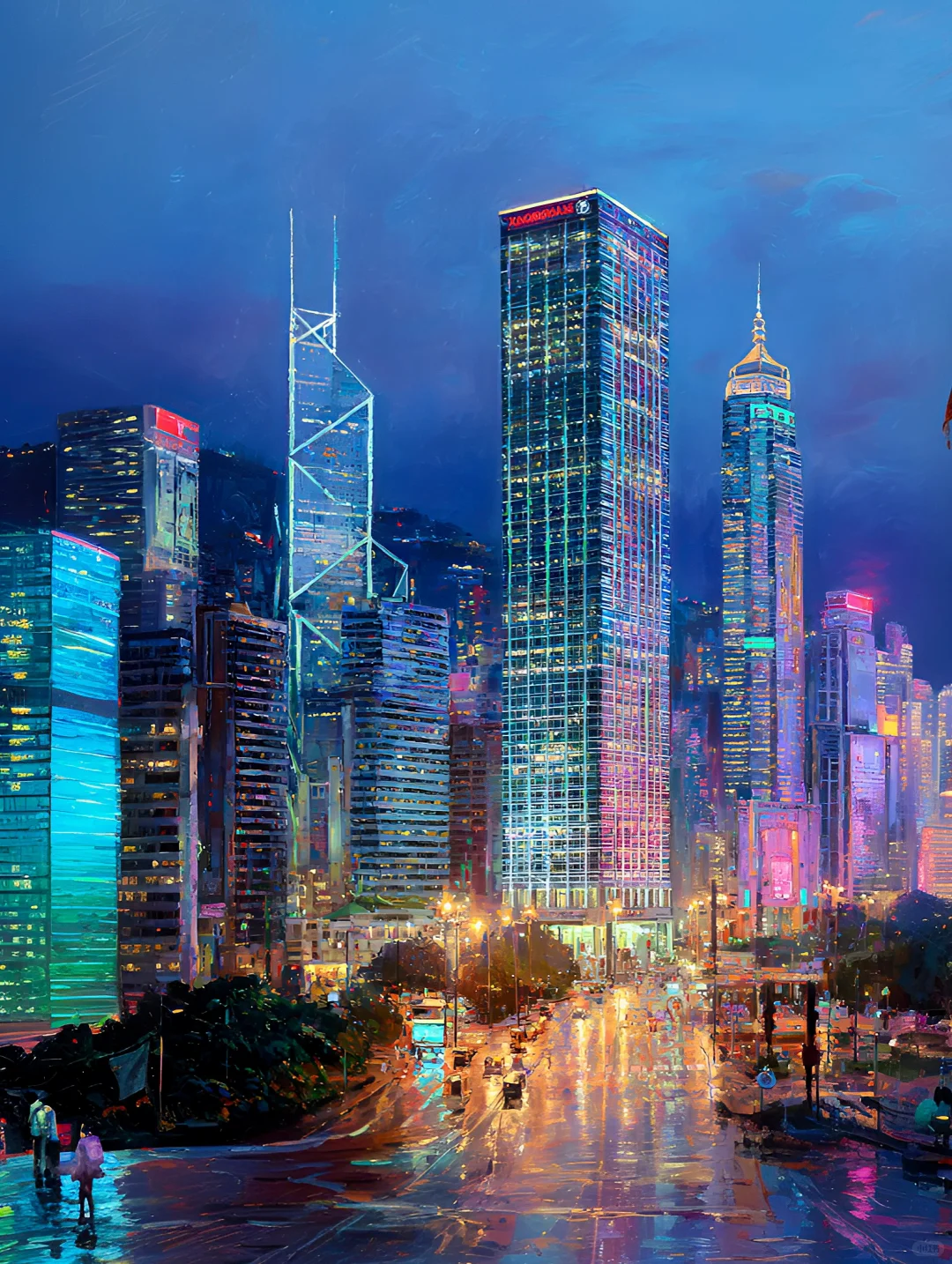 城市风景插画：香港 夜之国金｜MJ