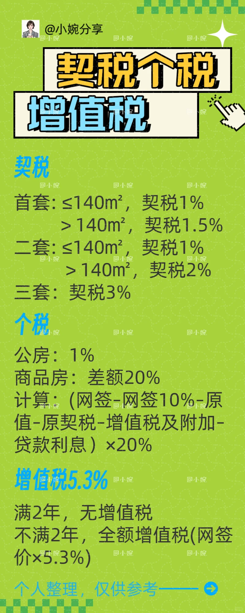 关于北京买房涉及契税，个税，增值税的计算