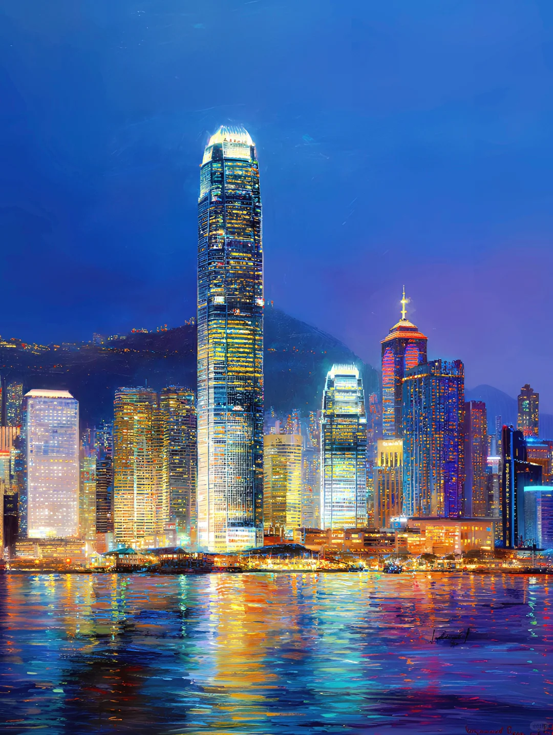 城市风景插画：香港 夜之国金｜MJ